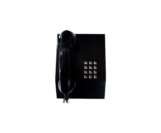 Telefone todo preto, no estilo orelhão com números para discagem em prateado.