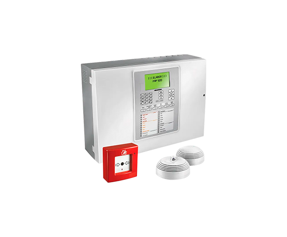 Alarme de incêndio branco com dois detectores de fumaça e um dispositivo para ser acionado em caso de emergência na cor vermelha.