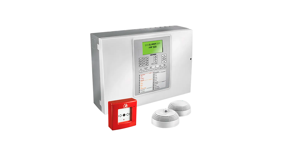 Alarme de incêndio branco com dois detectores de fumaça e um dispositivo para ser acionado em caso de emergência na cor vermelha.