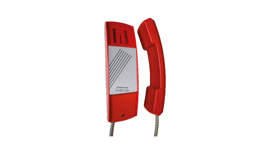 Telefone fixo vermelho com cabo de metal prata fora do gancho.