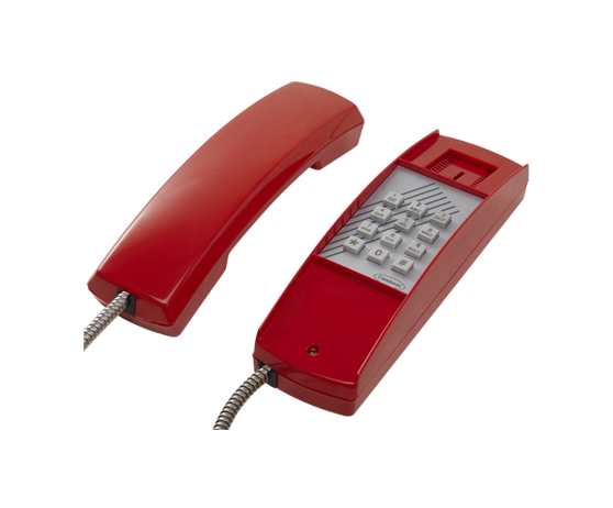 Telefone com cabo metálico prateado, com o acabamento pintado na cor vermelha e os números para discagem na cor cinza.